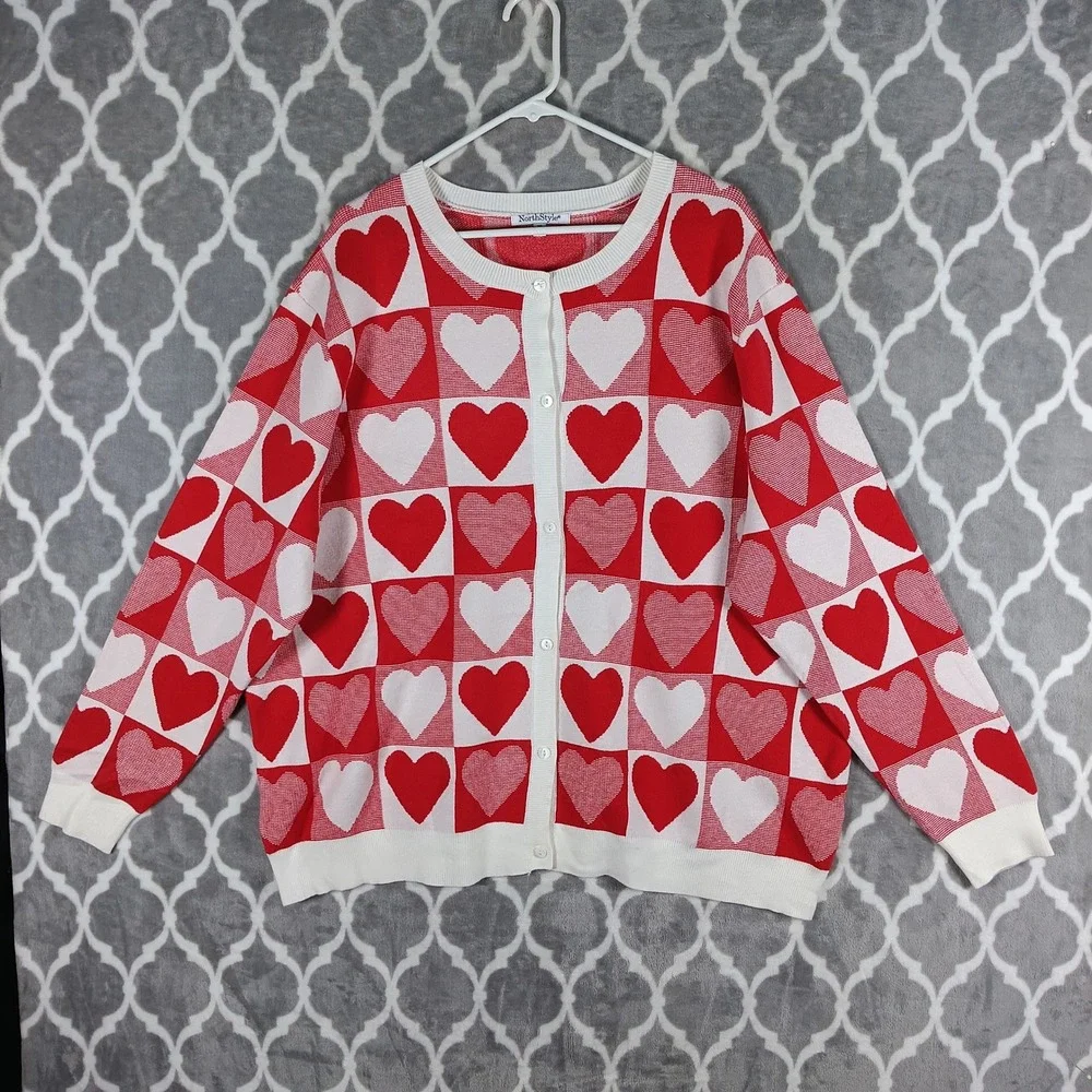 NorthStyle Cardigan Women 2X Red White Heart Checkered Plus Size Valentine
